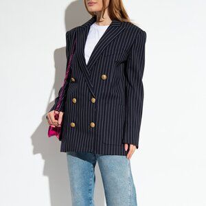 BALMAIN Women Jacket Navy Striped Oversized Wool Double Breasted Blazer 14 FR 46